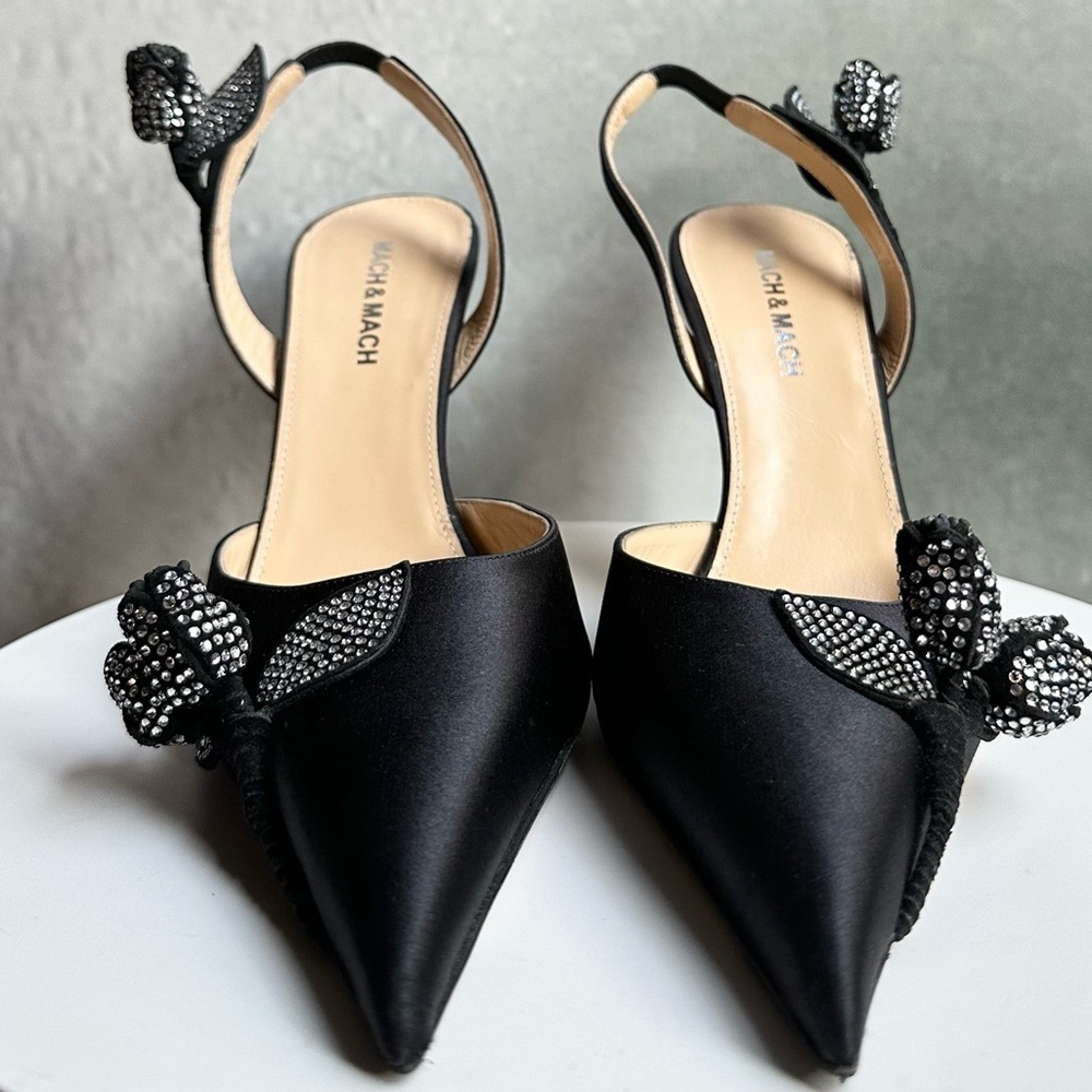 🌺MACH & MACH🌺 Wonder Tulip Satin Slingback Pumps Black Size: 38 - Picture 12 of 14
